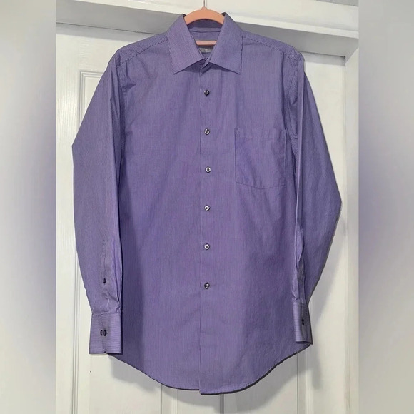 Van Heusen Fitted Button Down Shirt, Purple & White Stripes - Picture 1 of 10